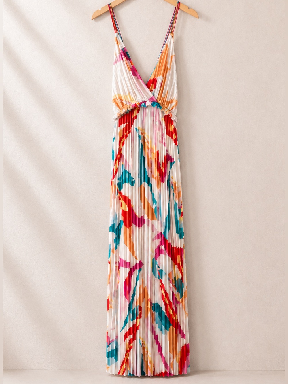 SUNCOO Paris Multicolor Pleated Maxi Dress - Pink, Teal & Orange